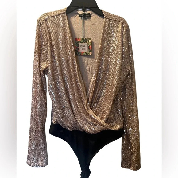 Draped Deep V Sparkle The Evening | Champagne Sequin Blouse - Picture 3 of 4